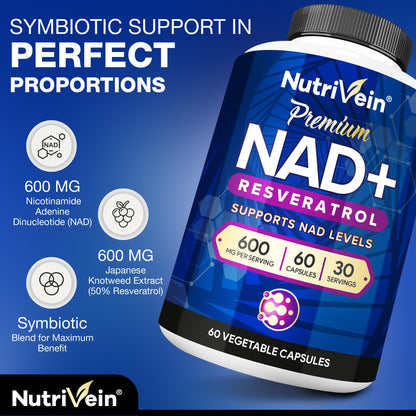 Nutrivein NAD+ + Resveratrol Supplement 600 mg – 60 Capsules (30 Servings) | Aging, Cognition, Metabolism
