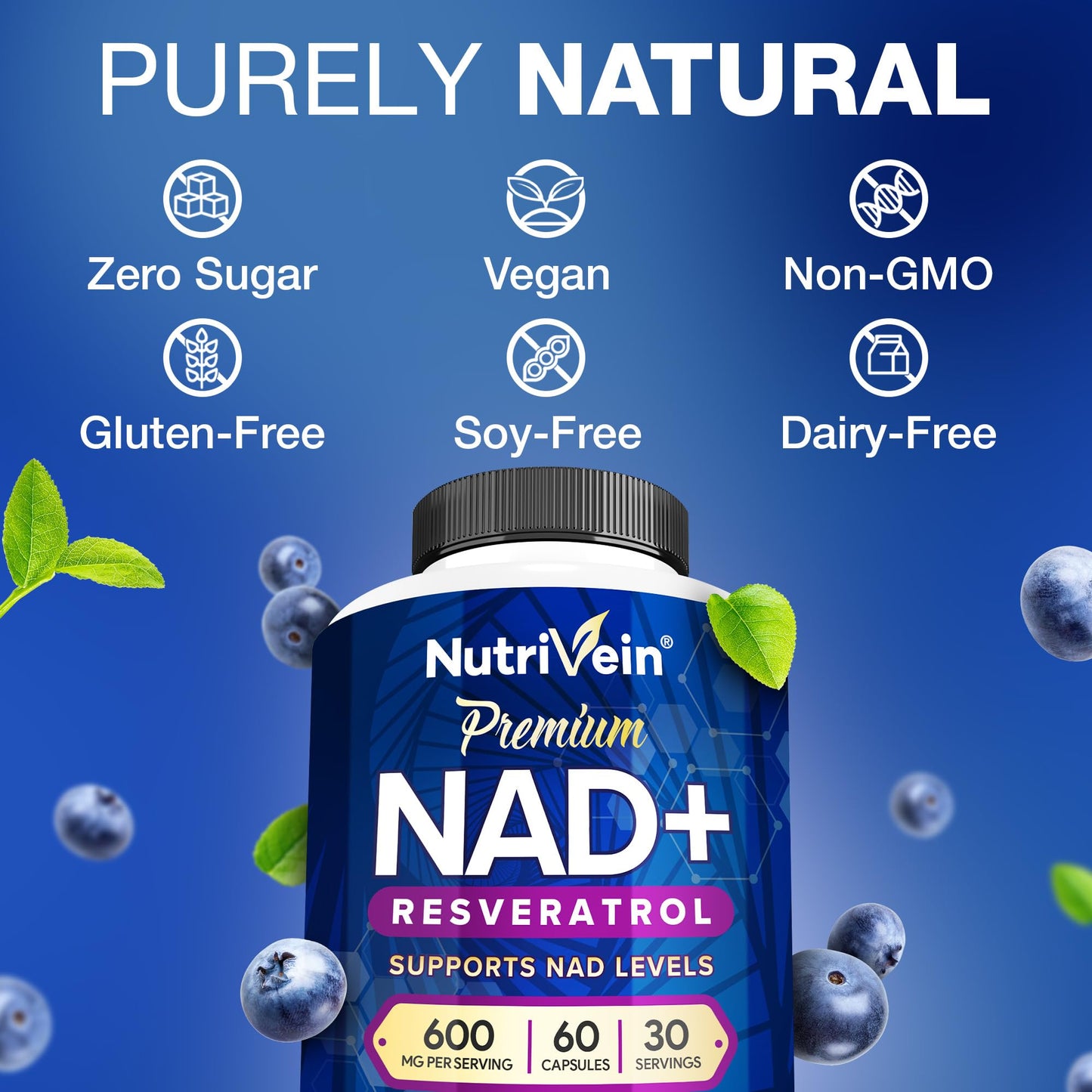 Nutrivein NAD+ + Resveratrol Supplement 600 mg – 60 Capsules (30 Servings) | Aging, Cognition, Metabolism