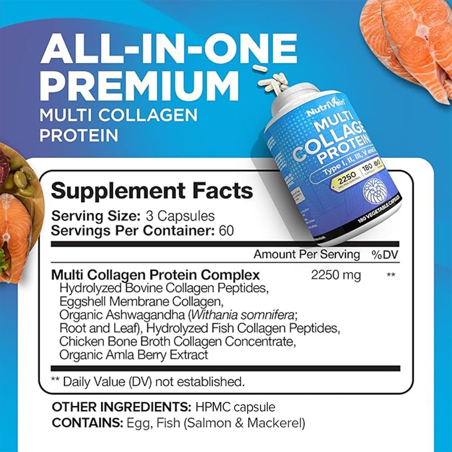 Nutrivein Premium Multi Collagen Pills 2250 mg – 180 Capsules (Type I, II, III, V, X)