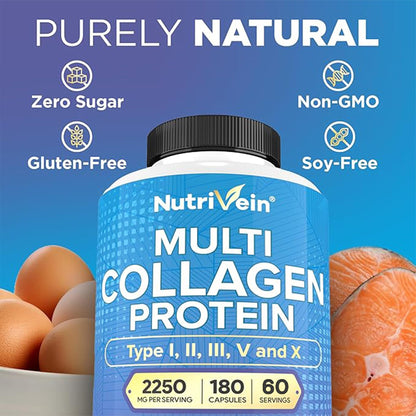 Nutrivein Premium Multi Collagen Pills 2250 mg – 180 Capsules (Type I, II, III, V, X)