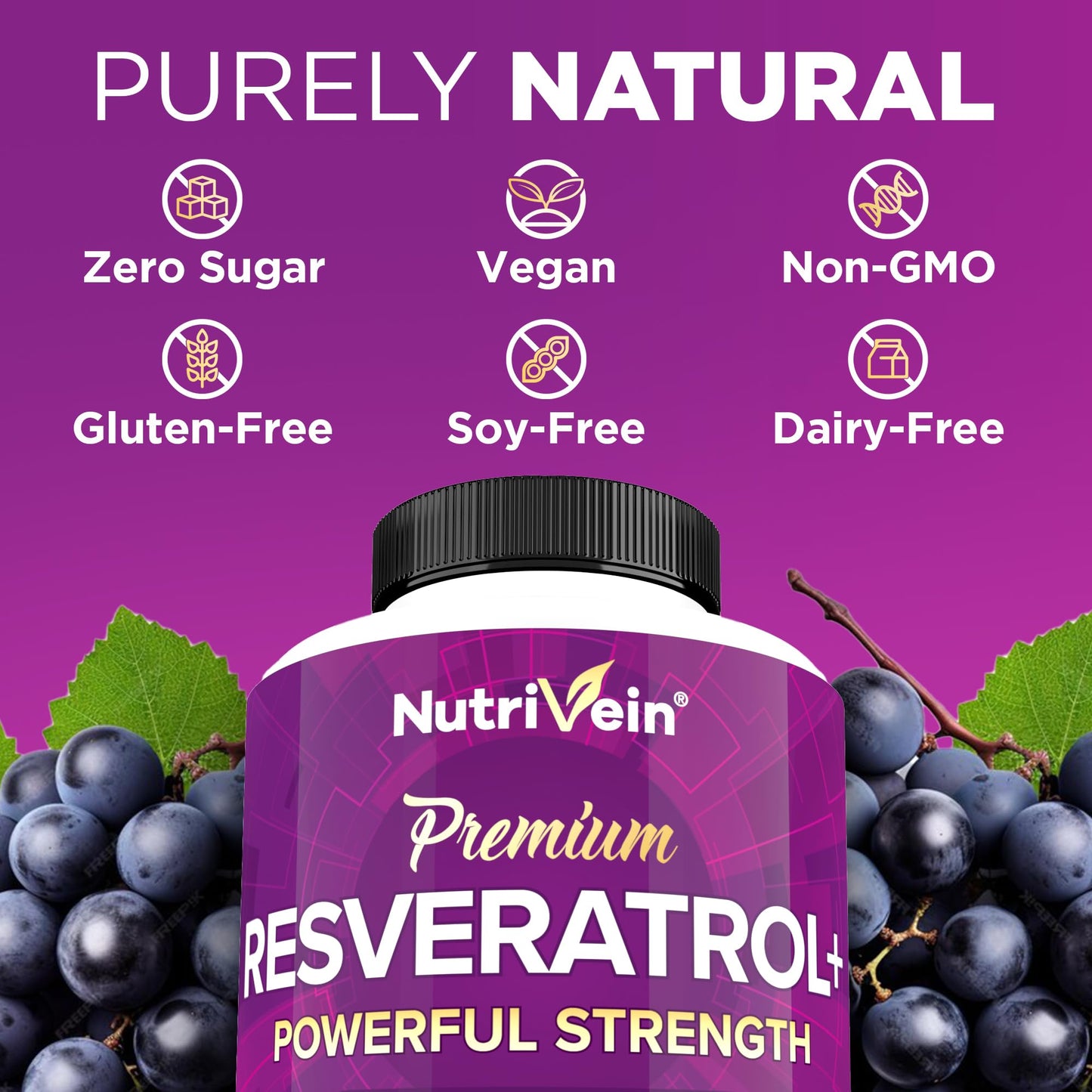 Nutrivein Premium Resveratrol 1450mg - 120 Caps: Pure Trans Resveratrol Supplement Enhanced with Green Tea Leaf & Acai Berry - Aging, Defenses, Brain, Heart, and Joint Support
