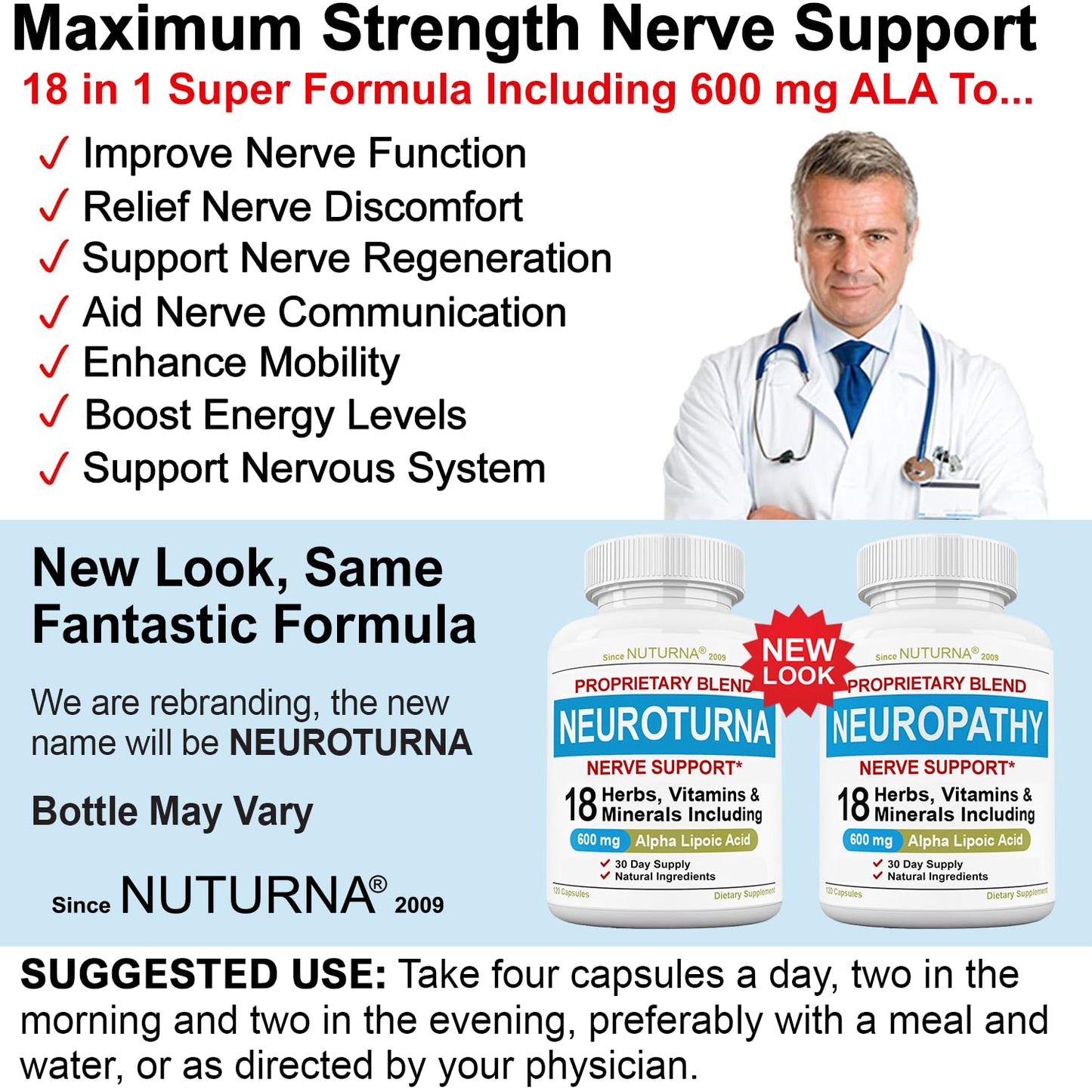 Nuturna Neuropathy Support: 600 mg Alpha Lipoic Acid Maximum Strength Nerve Support - 120 Capsules