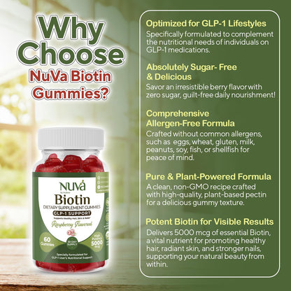 NuVa by Trulore Biotin Gummies 5000 mcg | GLP-1 Support for Hair, Skin & Nails | Vegan, Zero Sugar | Raspberry Flavor | 60 Gummies