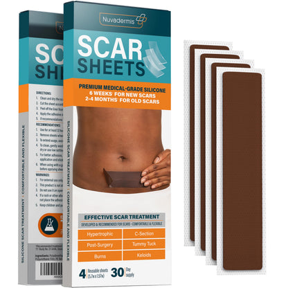 NUVADERMIS Silicone Scar Sheets – Extra Long Medical-Grade, Reusable (Pack of 4) – Dark Tone
