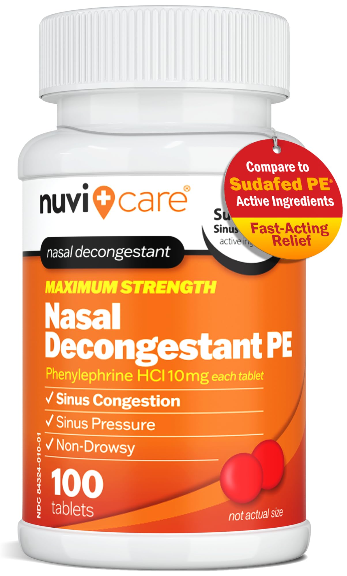 NUVICARE Max Strength PE Phenylephrine HCl 10mg Non-Drowsy Nasal Decongestant - 100 Count