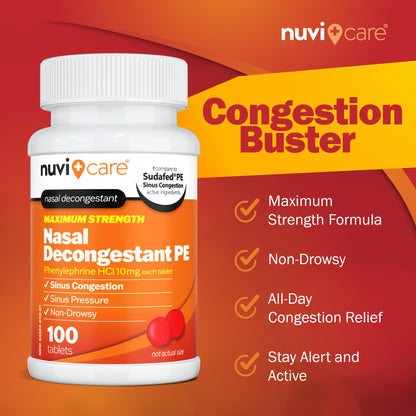 NUVICARE Max Strength PE Phenylephrine HCl 10mg Non-Drowsy Nasal Decongestant - 100 Count