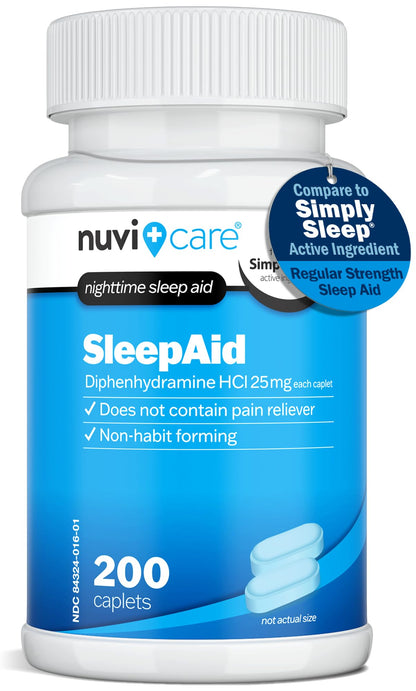 NUVICARE Nighttime Sleep Aid 25 mg Diphenhydramine HCl | Non-Habit Forming OTC Sleep Pills for Adults (200 Caplets)