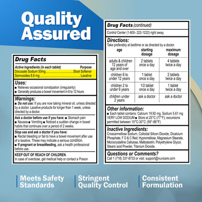 NUVICARE Senna Plus Laxative Stool Softener — Docusate Sodium 50mg + Sennosides 8.6mg | Compare to Senokot-S | 100 Tablets