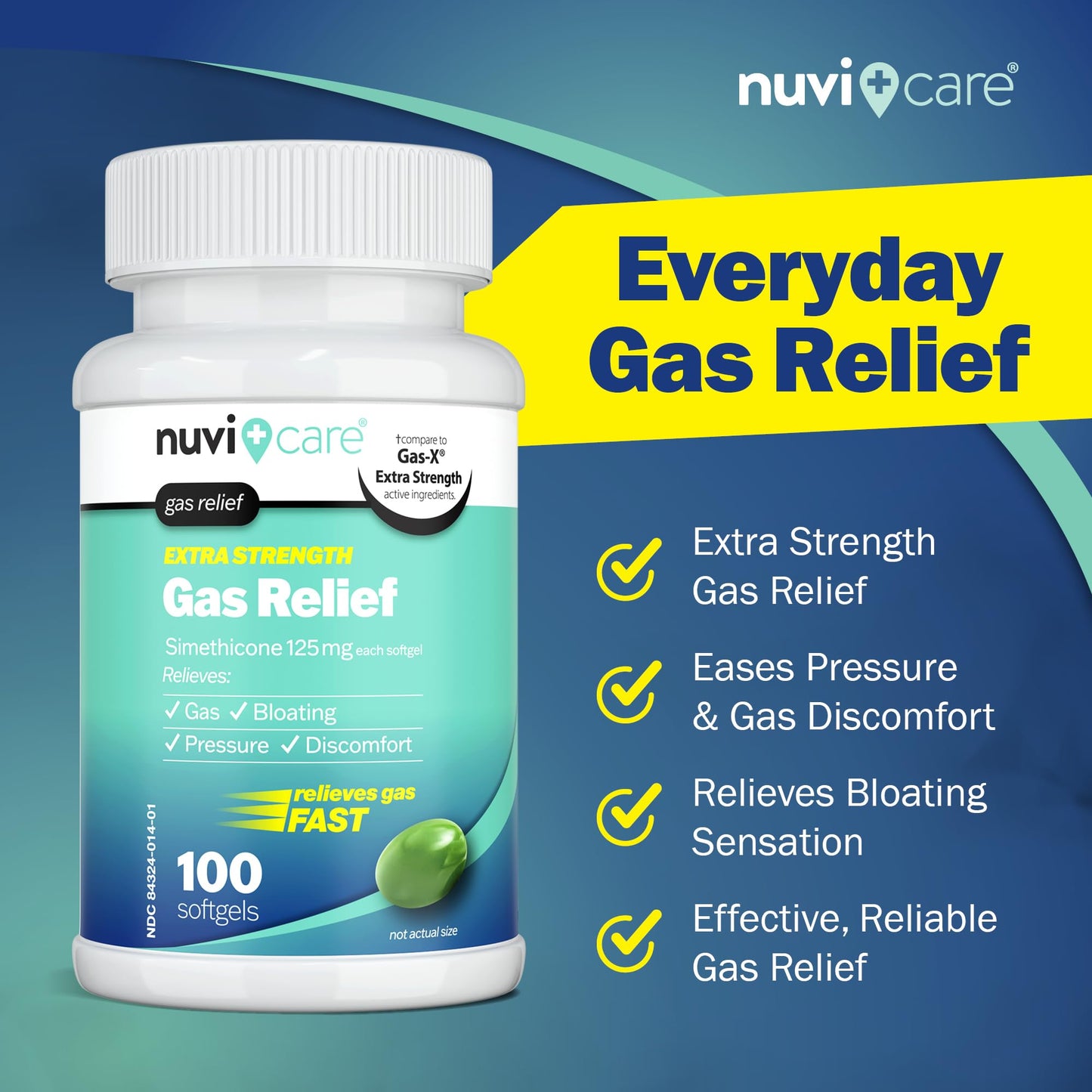 NUVICARE Extra Strength Gas Relief 125mg Softgels | Fast Gas & Bloat Relief (100 Count)