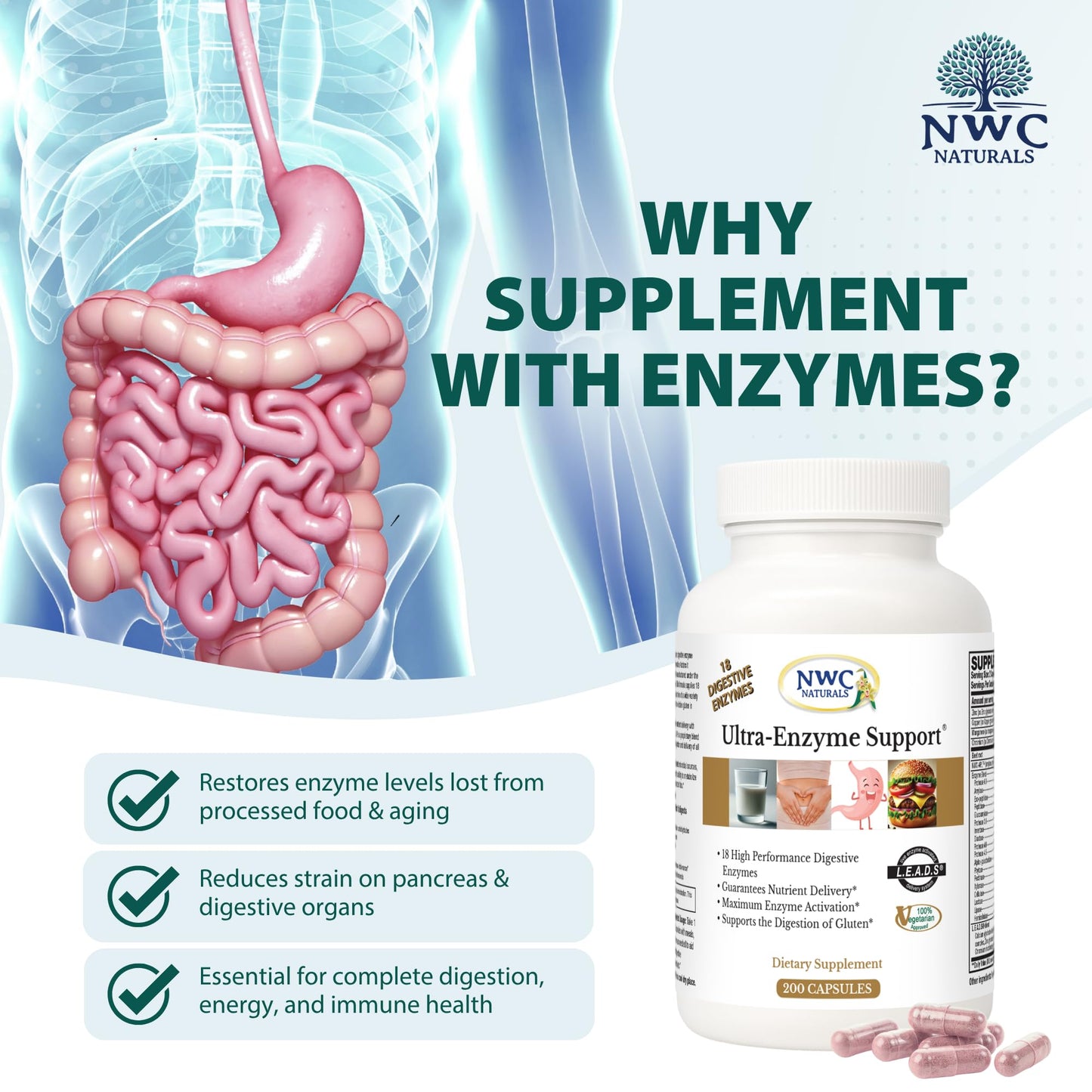 NWC Naturals Ultra-Enzyme Support – Digestive Health Supplement (200 Count)