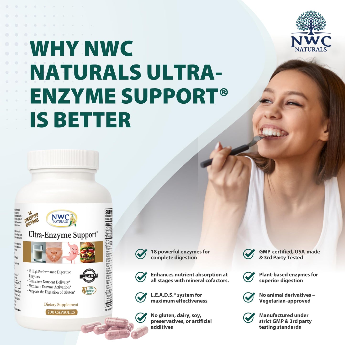 NWC Naturals Ultra-Enzyme Support – Digestive Health Supplement (200 Count)