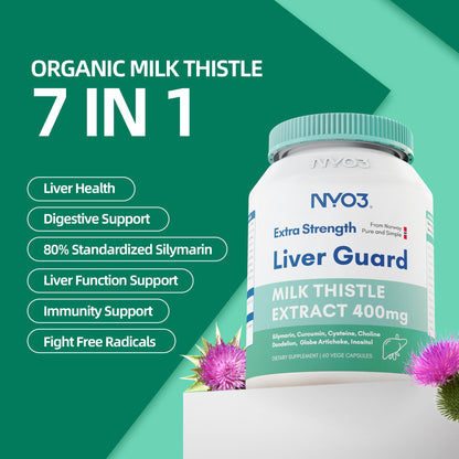 NYO3 Milk Thistle Liver Detox Supplement 400mg - 60 Capsules | Liver Health & Antioxidant Support