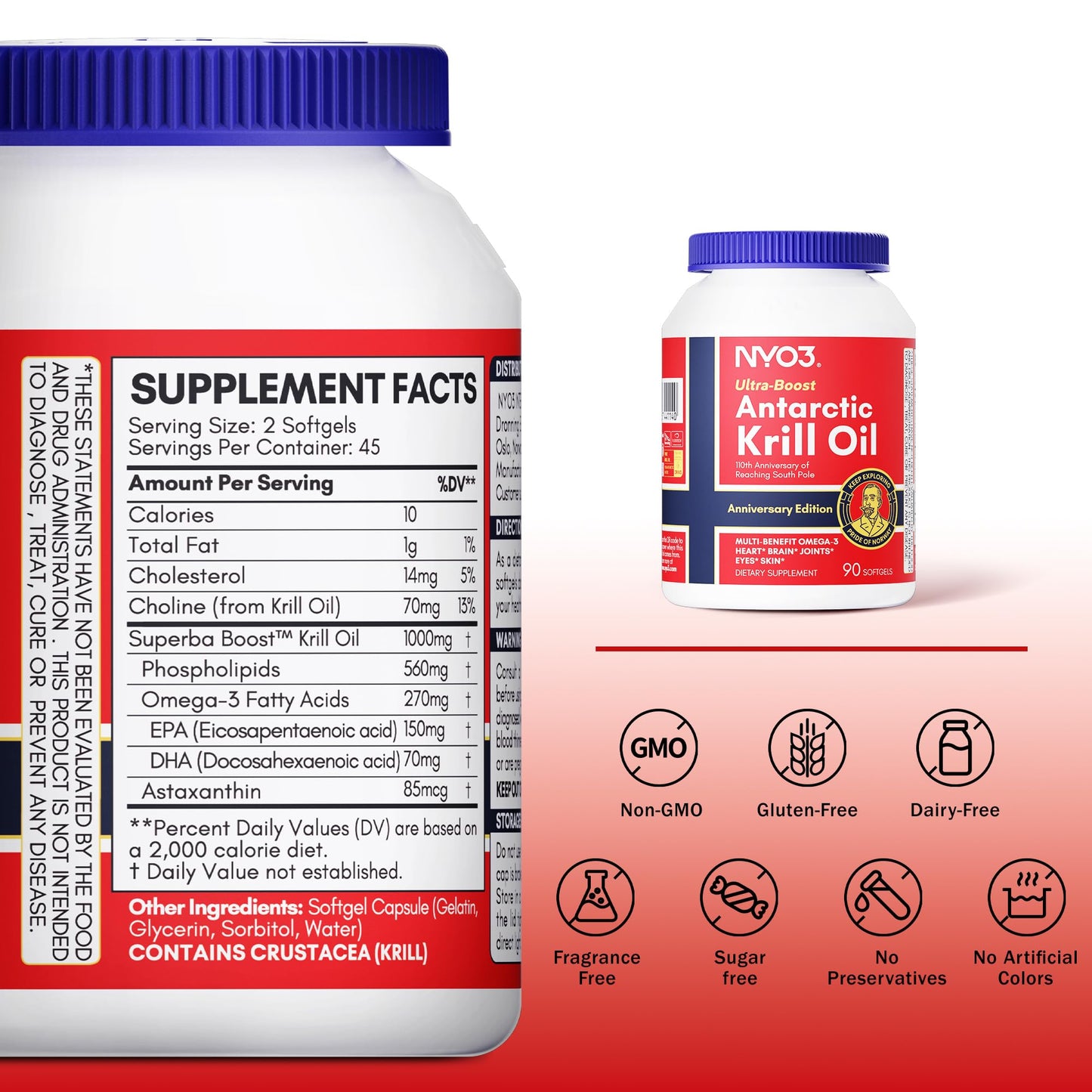 NYO3 Krill Oil 1000mg – EPA/DHA 270mg per Softgel | Antarctic Krill Oil with Astaxanthin