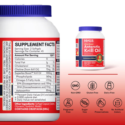 NYO3 Krill Oil 1000mg – EPA/DHA 270mg per Softgel | Antarctic Krill Oil with Astaxanthin
