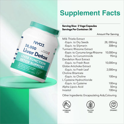 NYO3 Milk Thistle 200mg Liver Detox - Dandelion Root & Artichoke Extract | 60 Capsules