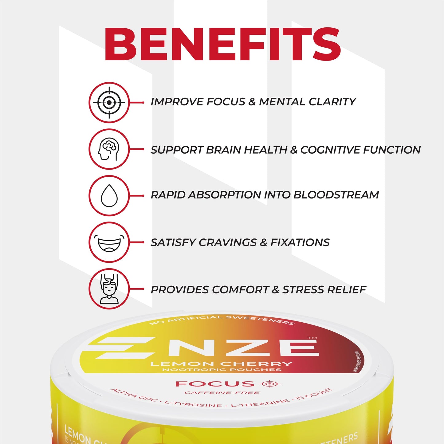NZE Caffeine Free Nootropic Pouches – Lemon Cherry, 15 Pouches/Can, 5 Pack | Alpha GPC, L-Tyrosine & L-Theanine