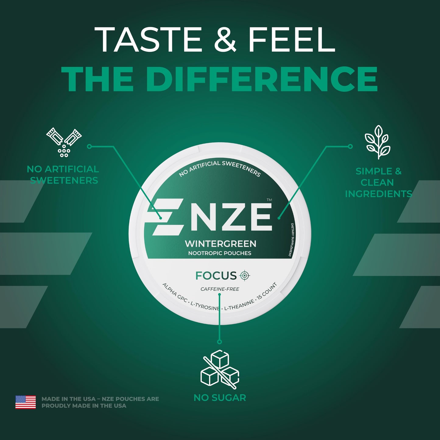 NZE Caffeine Free Nootropic Pouches (Wintergreen) – 15 Pouches Per Can – 5 Pack