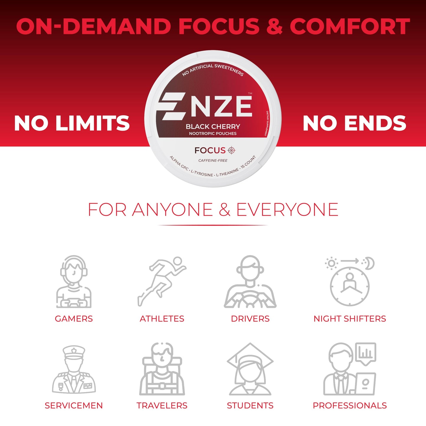 NZE Caffeine Free Nootropic Pouches - Black Cherry (15 Pouches/Can, 5 Pack)