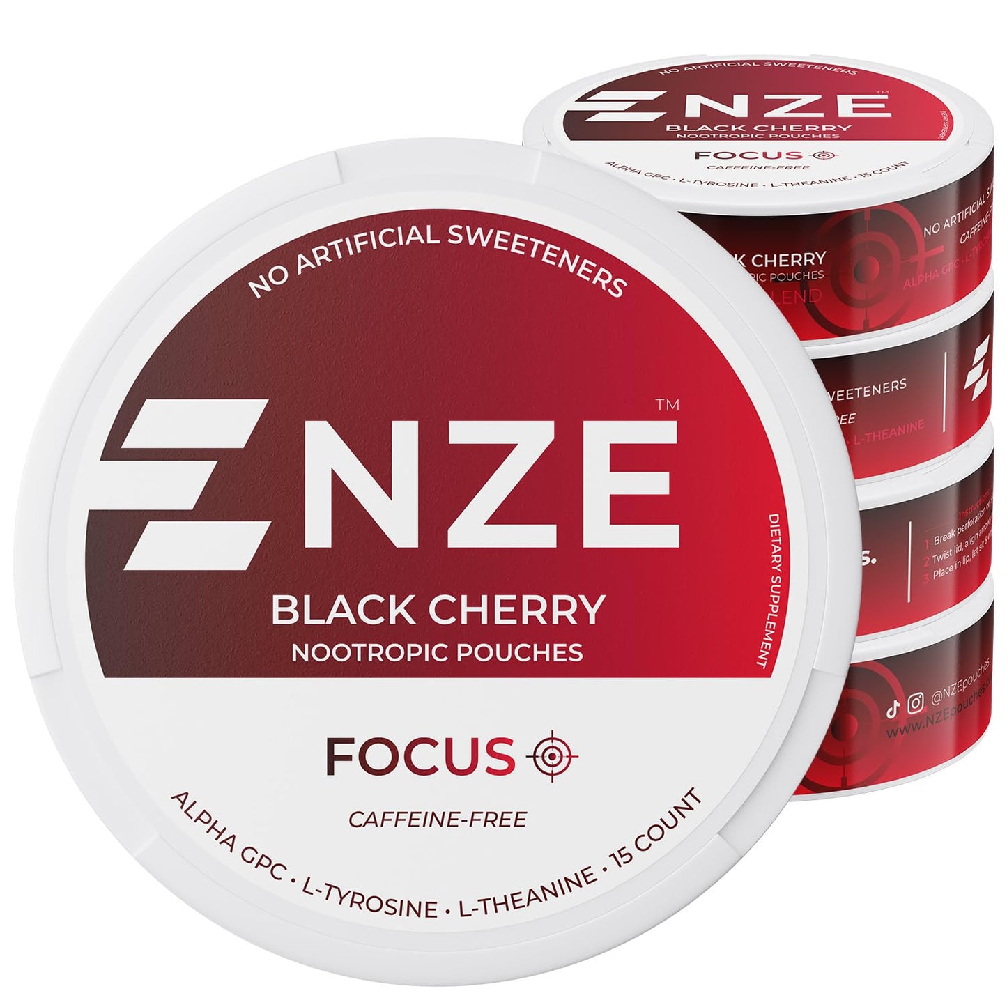 NZE Caffeine Free Nootropic Pouches - Black Cherry (15 Pouches/Can, 5 Pack)