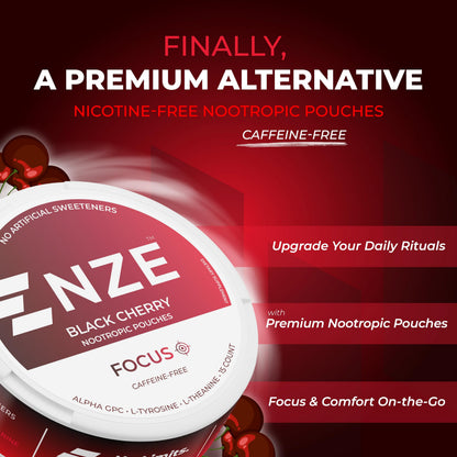 NZE Caffeine Free Nootropic Pouches - Black Cherry (15 Pouches/Can, 5 Pack)