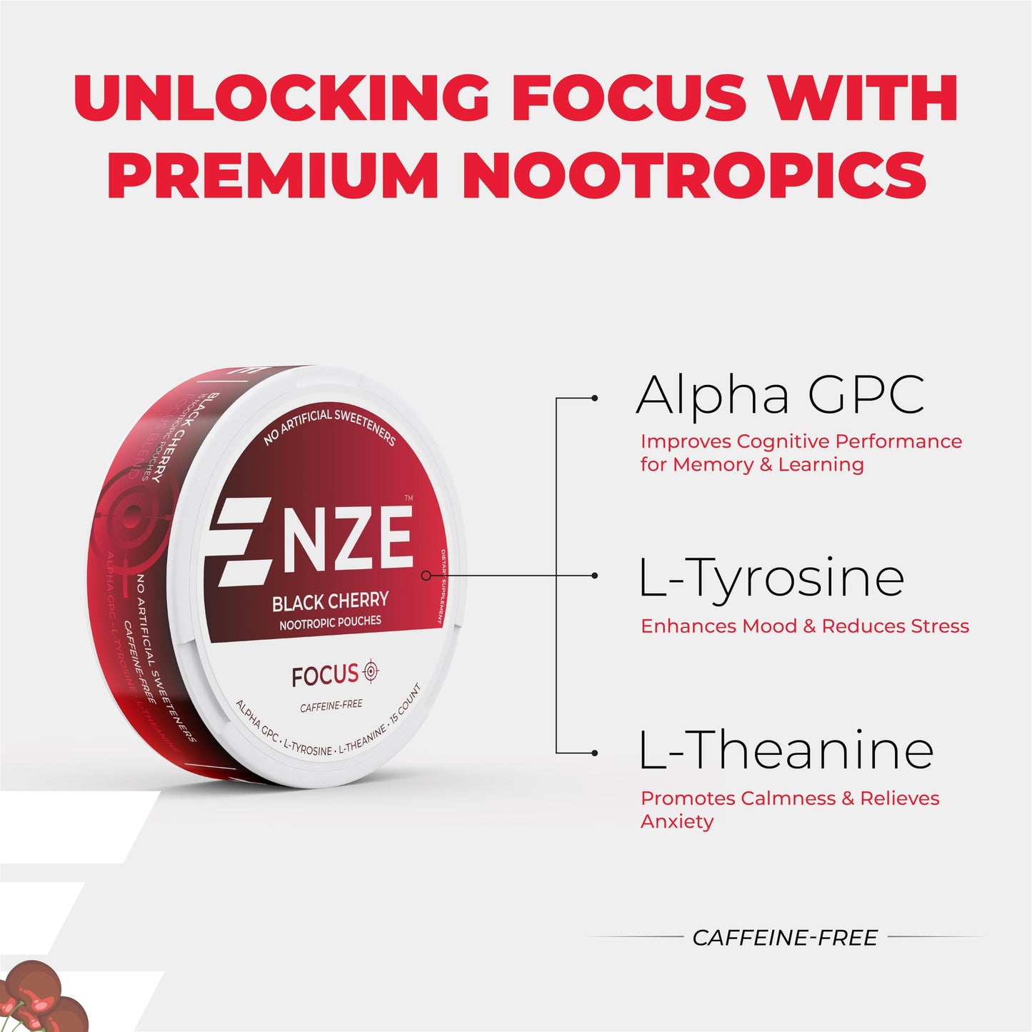 NZE Caffeine Free Nootropic Pouches - Black Cherry (15 Pouches/Can, 5 Pack)