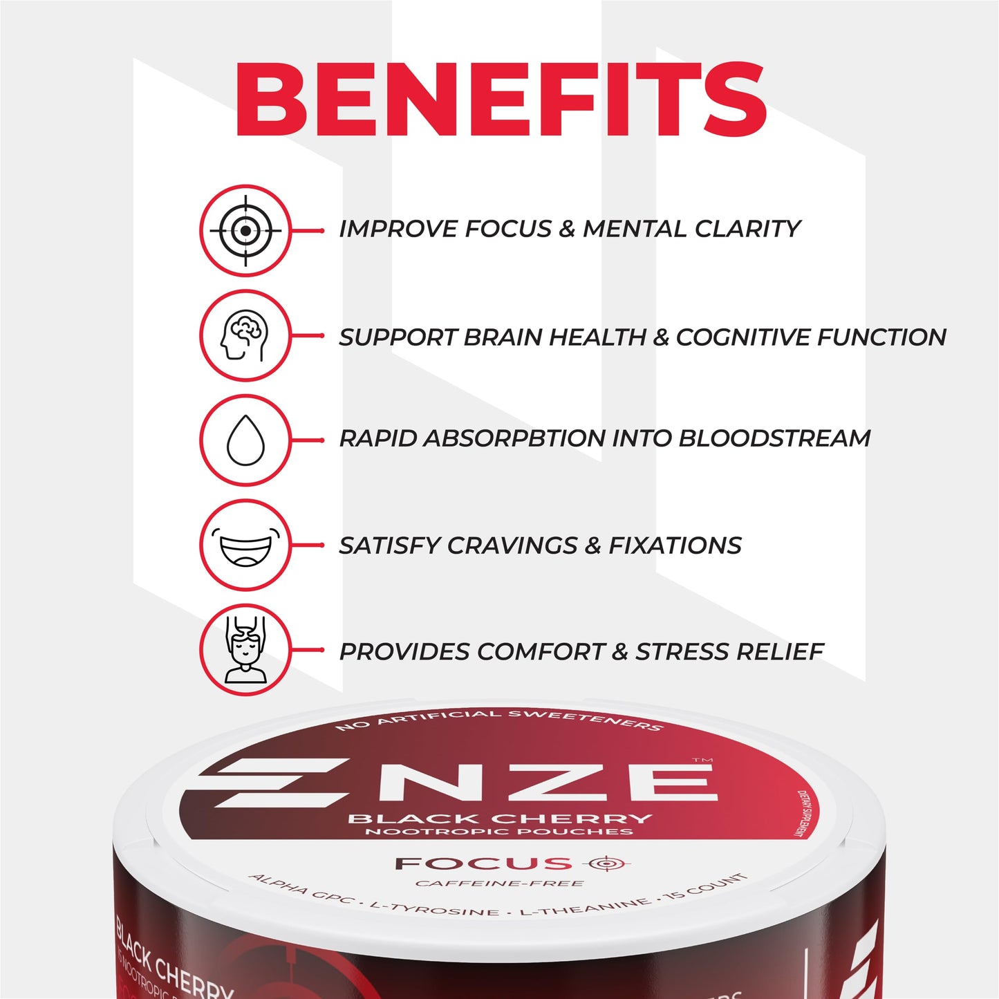 NZE Caffeine Free Nootropic Pouches - Black Cherry (15 Pouches/Can, 5 Pack)
