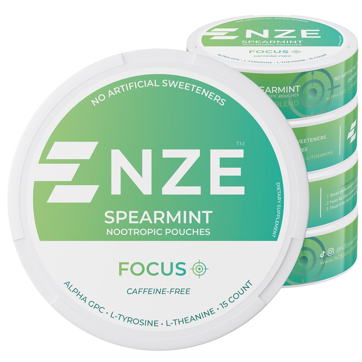 NZE Caffeine Free Nootropic Pouches – Spearmint, Alpha GPC, L-Tyrosine & L-Theanine | No Sugar or Artificial Sweeteners | 15 Pouches/Can, 5 Pack