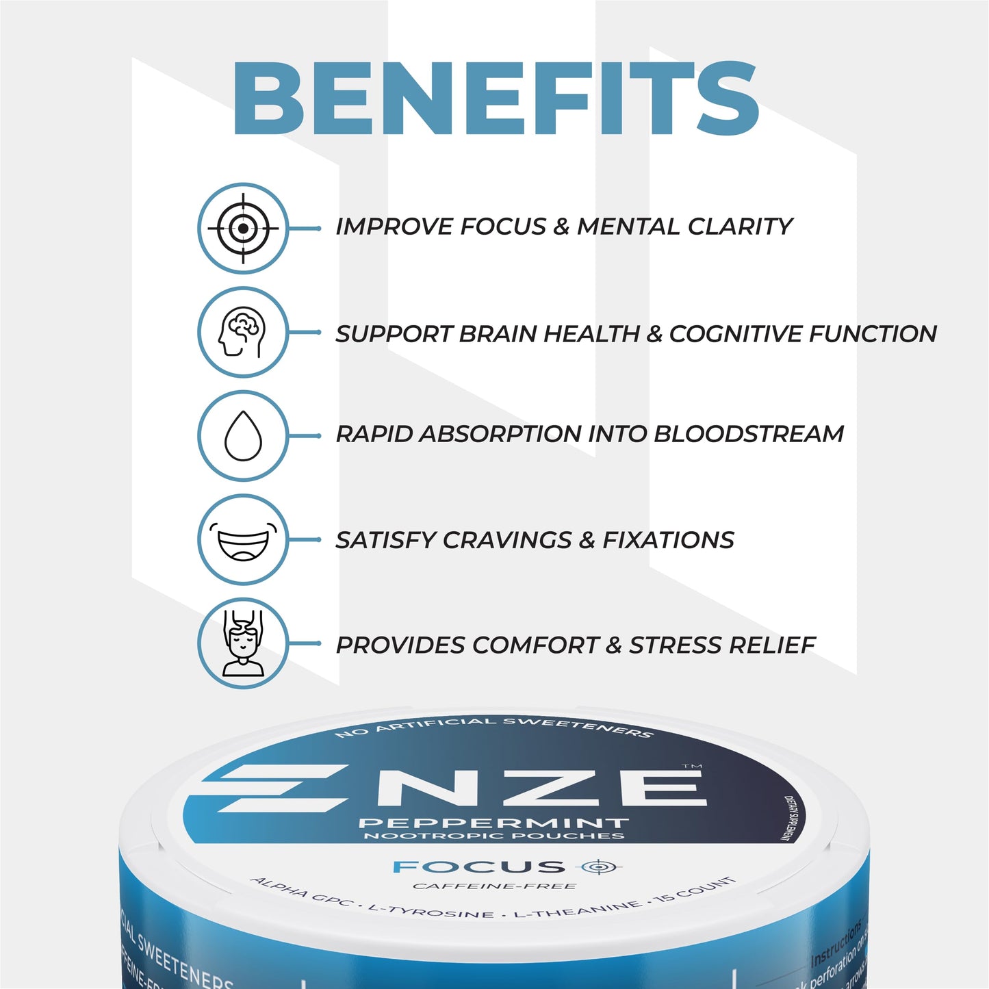 NZE Caffeine Free Nootropic Pouches (Peppermint) - 5 Can Pack | Alpha GPC, L-Tyrosine & L-Theanine