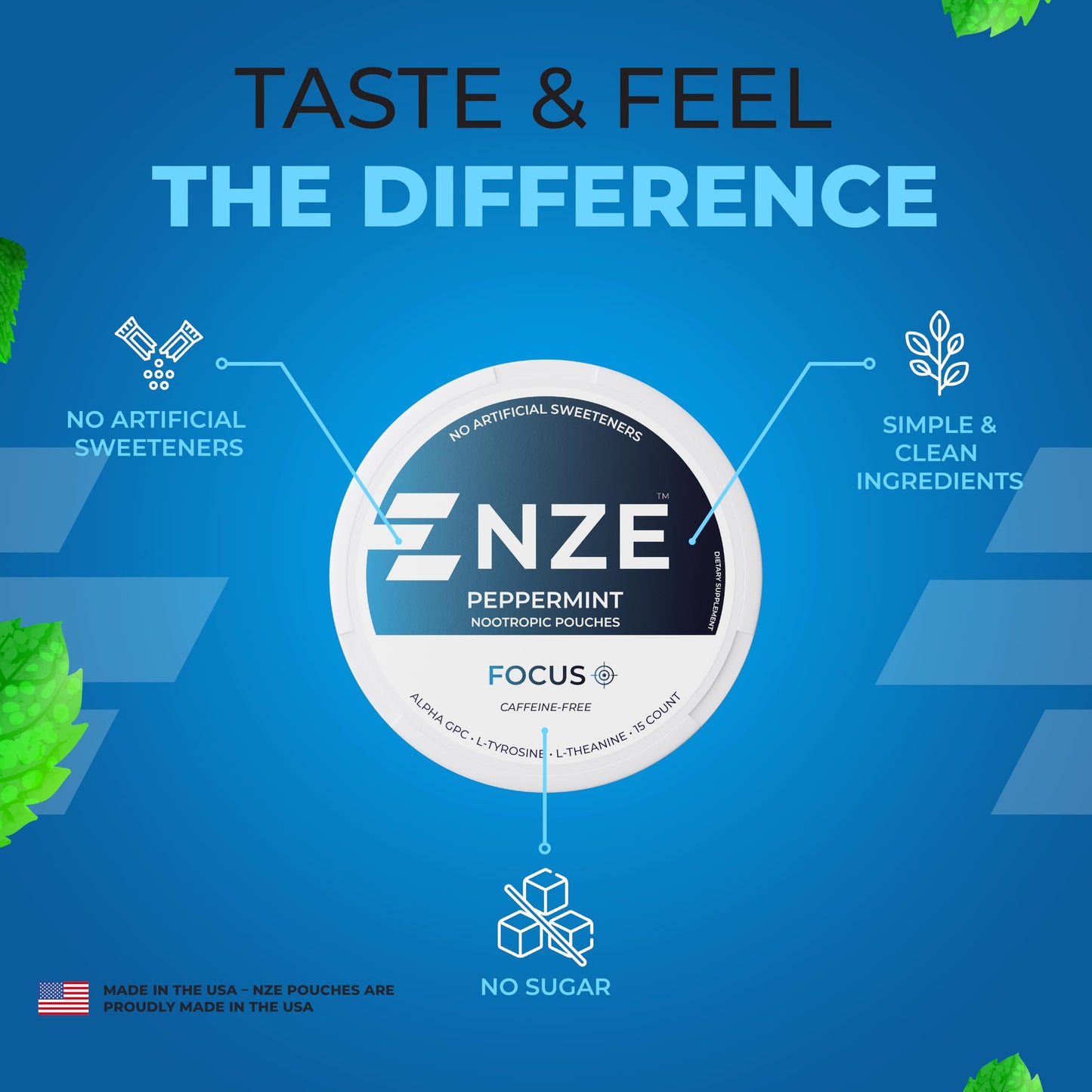 NZE Caffeine Free Nootropic Pouches (Peppermint) - 5 Can Pack | Alpha GPC, L-Tyrosine & L-Theanine