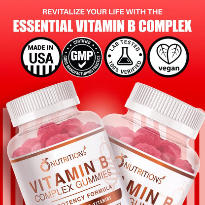 O NUTRITIONS Vitamin B Complex Vegan Gummies with Vitamin B12, B7 as Biotin, B6, B3 as Niacin, B5, B6, B8, B9 as Folate for Stress, Energy and Healthy Immune System (2 Pack)