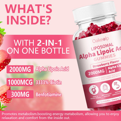 Oakevlp 2000mg Liposomal Alpha Lipoic Acid Gummies – 2 Pack, Biotin & Benfotiamine