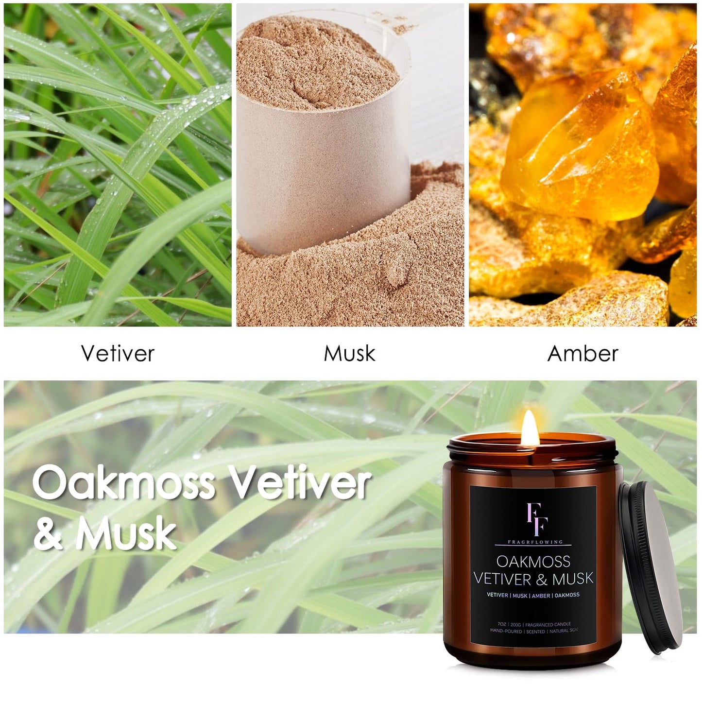 Oakmoss Vetiver & Musk Scented Candles – 7oz Soy Wax Amber Jar Gift