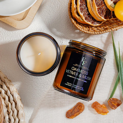 Oakmoss Vetiver & Musk Scented Candles – 7oz Soy Wax Amber Jar Gift
