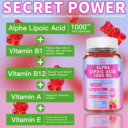 OALSE Alpha Lipoic Acid Gummies 1000mg – Sugar Free Raspberry, 60 Gummies