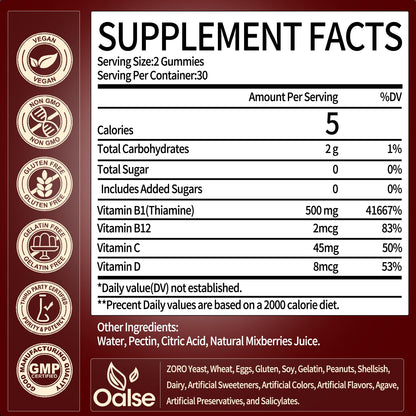OALSE Thiamine Vitamin B1 Gummies - 500g, Vegan Sugar-Free Mixed Berry (60 Count)