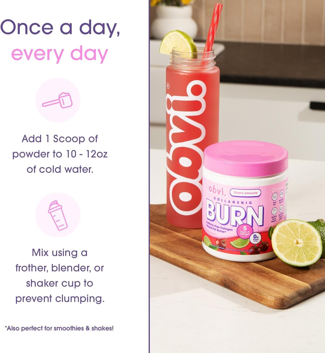 Obvi Collagenic Burn Powder - Collagen Peptide Blend with GBB, Ashwagandha & Green Coffee | Cherry Limeade 25 Servings