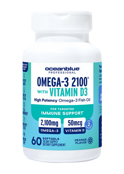 Oceanblue Omega-3 2100 with Vitamin D3 – 60 ct (30 Servings) – Burpless, Orange Flavor