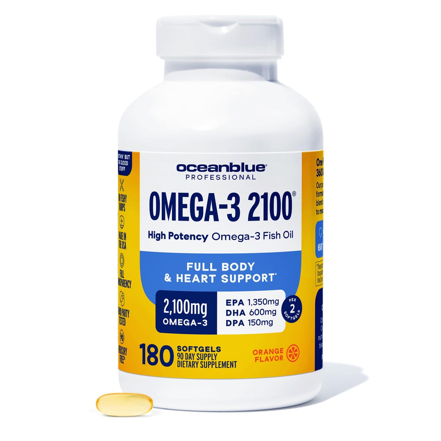 Oceanblue Omega-3 2100 — Triple-Strength Burpless Fish Oil (180 Softgels, Orange)