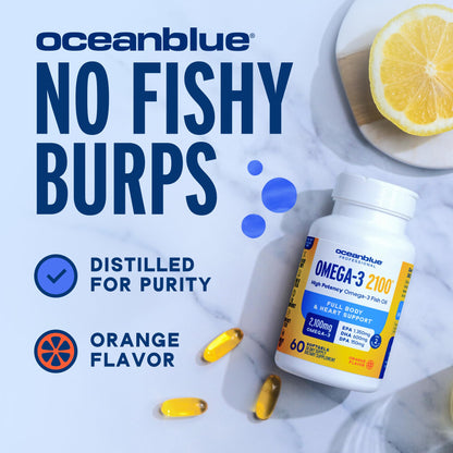 Oceanblue Omega-3 2100 — Triple-Strength Burpless Fish Oil (180 Softgels, Orange)