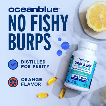 Oceanblue Professional Fish Oil with Vitamin D3 — Triple Strength 2100mg Omega-3 (EPA DPA DHA) + 2000 IU D3 | Burpless Orange Flavor | Wild-Caught & Sustainable | 90 Servings (180 Softgels)