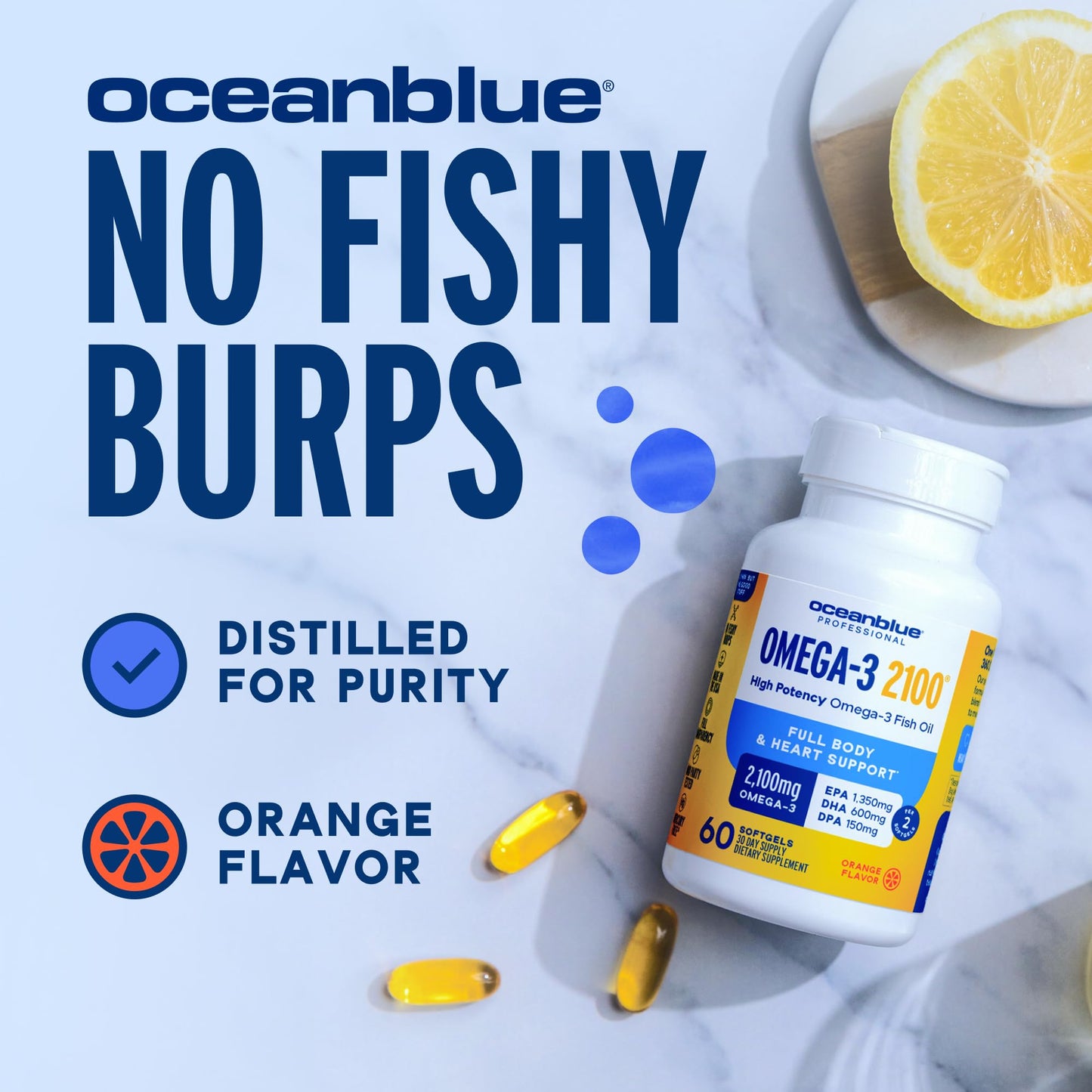 Oceanblue Professional Omega-3 2100mg Fish Oil – Triple Strength EPA, DHA & DPA | Burpless, Wild-Caught, Orange Flavor | 120 Count