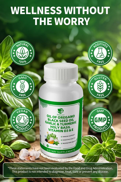 Organic Oil of Oregano Capsules with Black Seed Oil, Garlic, Turmeric, Holy Basil, Vitamin D3, E & Black Pepper – 4 Month Supply (Vegan, Non-GMO)