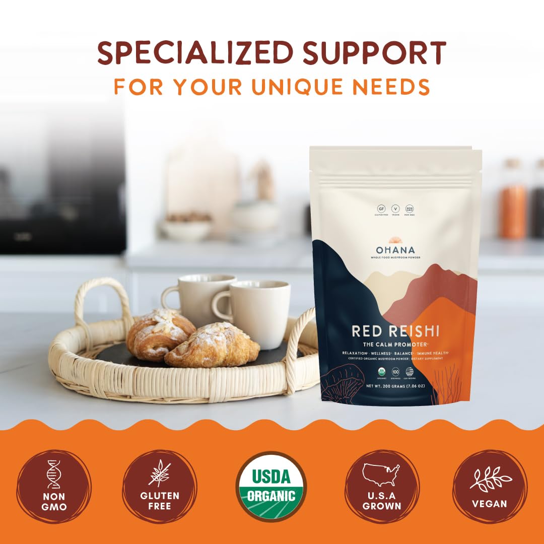 Ohana Red Reishi – Organic Mushroom Powder Blend, USDA Organic, Non-GMO, Gluten-Free (7.06 oz, Pack of 1)