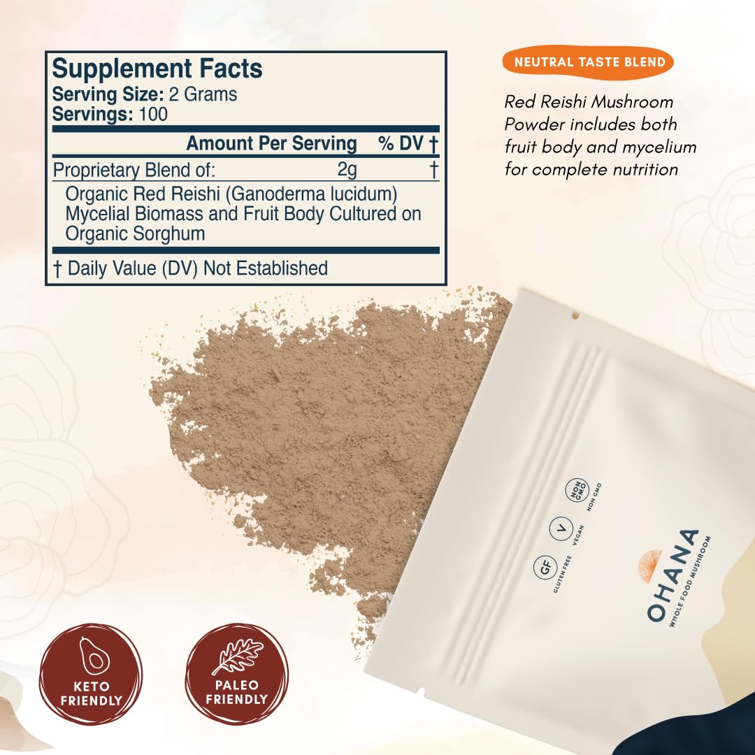 Ohana Red Reishi – Organic Mushroom Powder Blend, USDA Organic, Non-GMO, Gluten-Free (7.06 oz, Pack of 1)