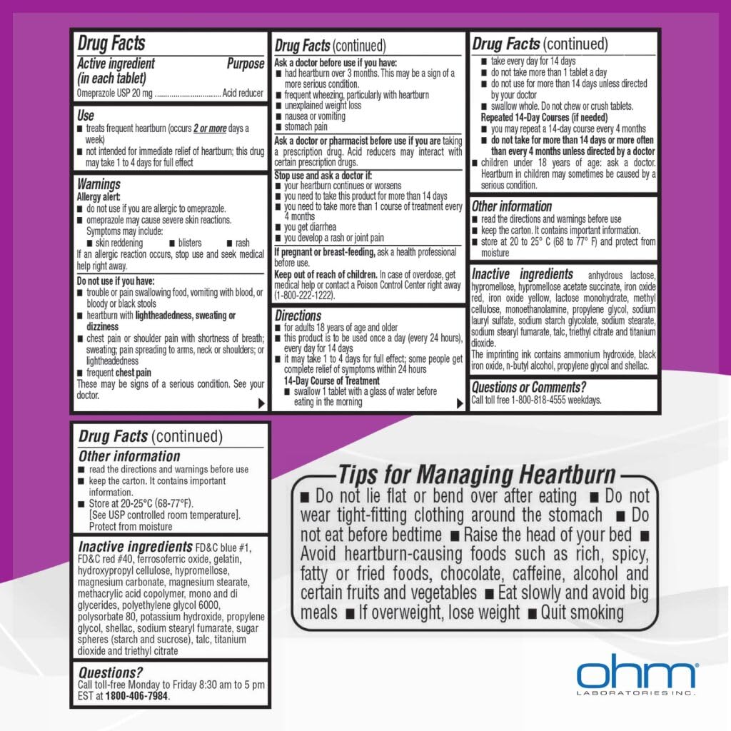 Ohm Omeprazole 20mg Delayed-Release Tablets | 84-Count, 12 Weeks of Heartburn Support