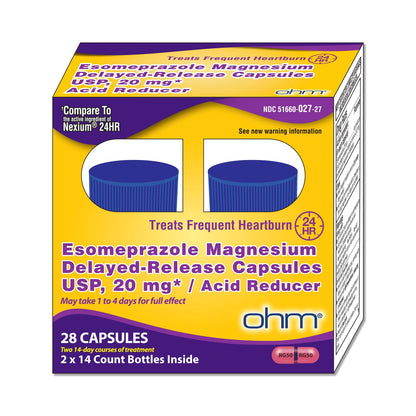 Ohm Esomeprazole Magnesium 20mg Delayed-Release Capsules | 24-Hour Heartburn Relief (28 Count)