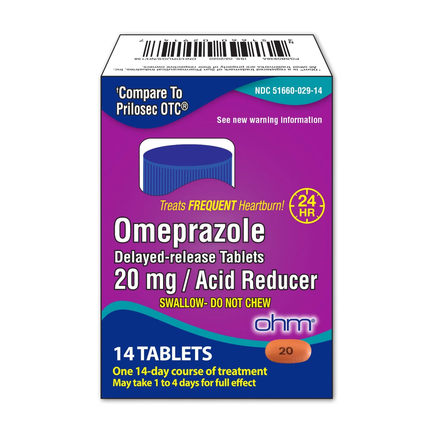 Ohm Omeprazole 20mg – 14-Tablet Delayed-Release Acid Reducer for 24-Hour Heartburn Relief
