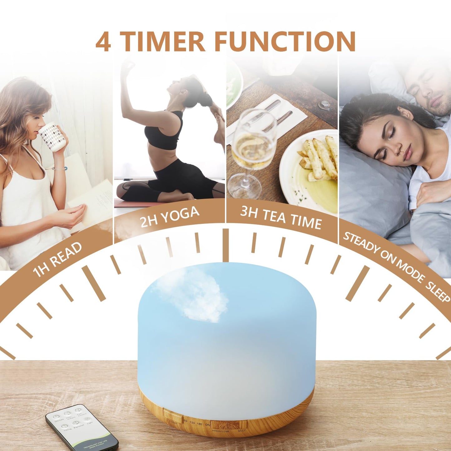 Oil Diffuser 500ml – Ultrasonic Diffuser with 2 Mist Modes, 4 Timers & Auto Off