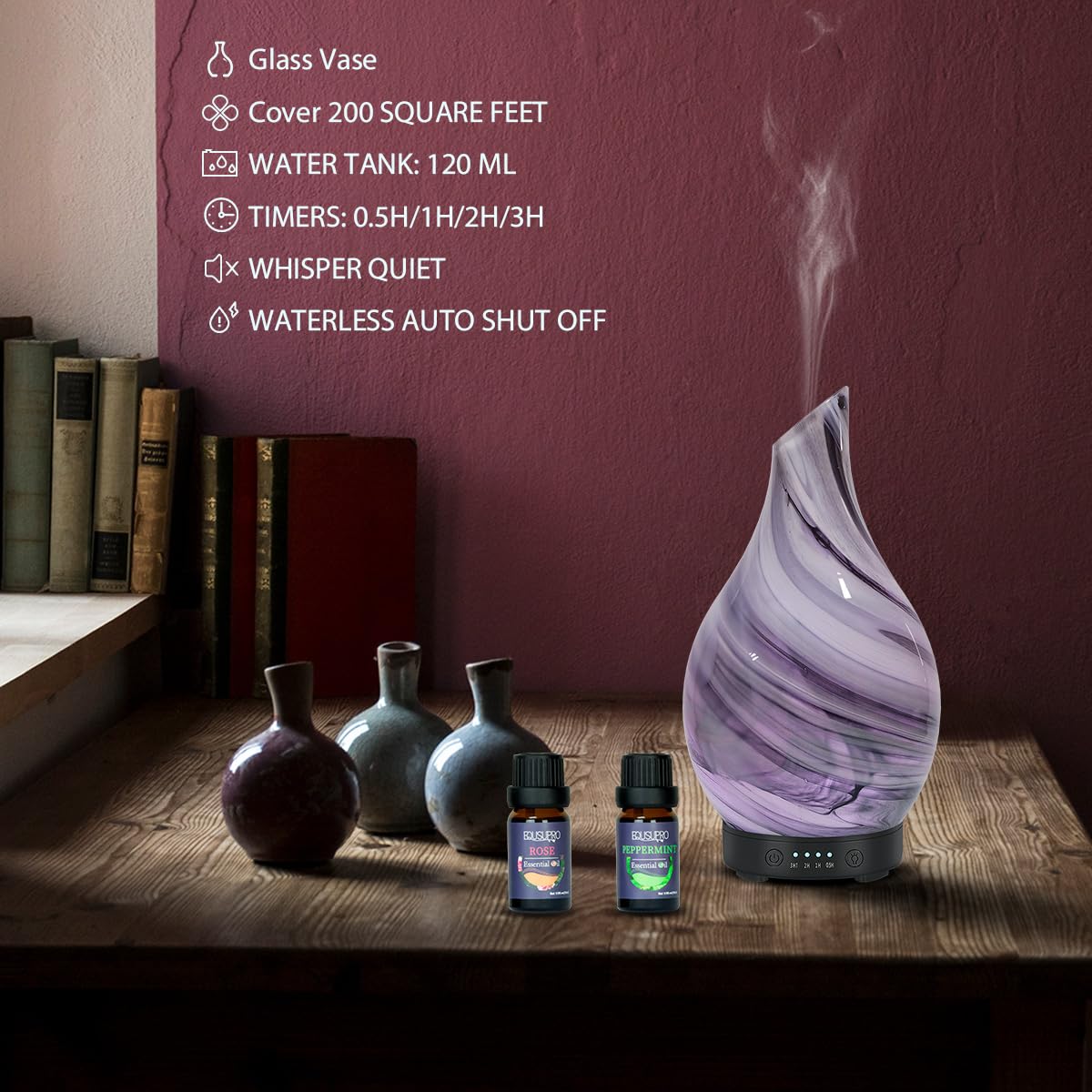 Oil Diffuser & Essential Oils Set | Ultrasonic Aromatherapy Diffuser with 6 Oils, 4 Timer & 7 LED Lights