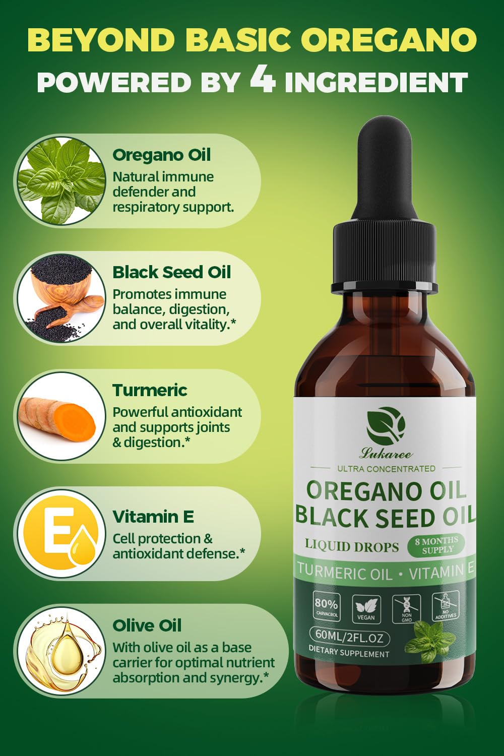 Lukaree 4-in-1 Oil of Oregano with Black Seed Oil – 80% Carvacrol, 2 oz, 2-Pack (Vegan, Non-GMO)